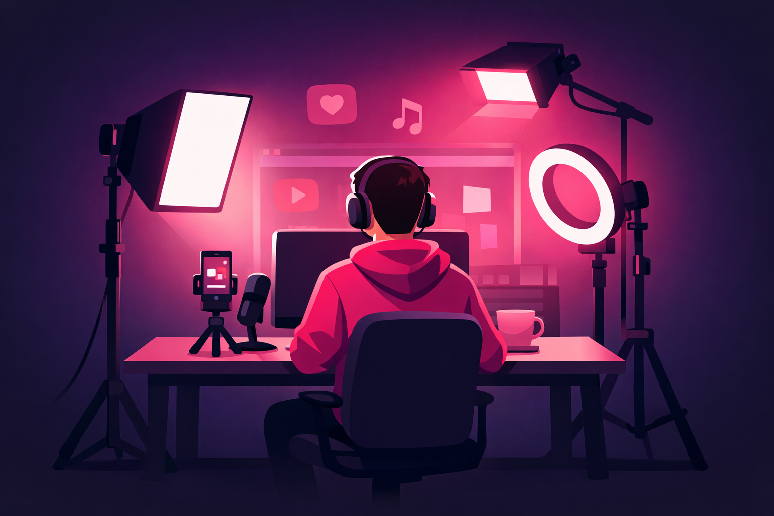 A tech creator at a desk with a soft key light, fill light, and back light positioned around them, with a smartphone tripod, monitor, and pink wall accents