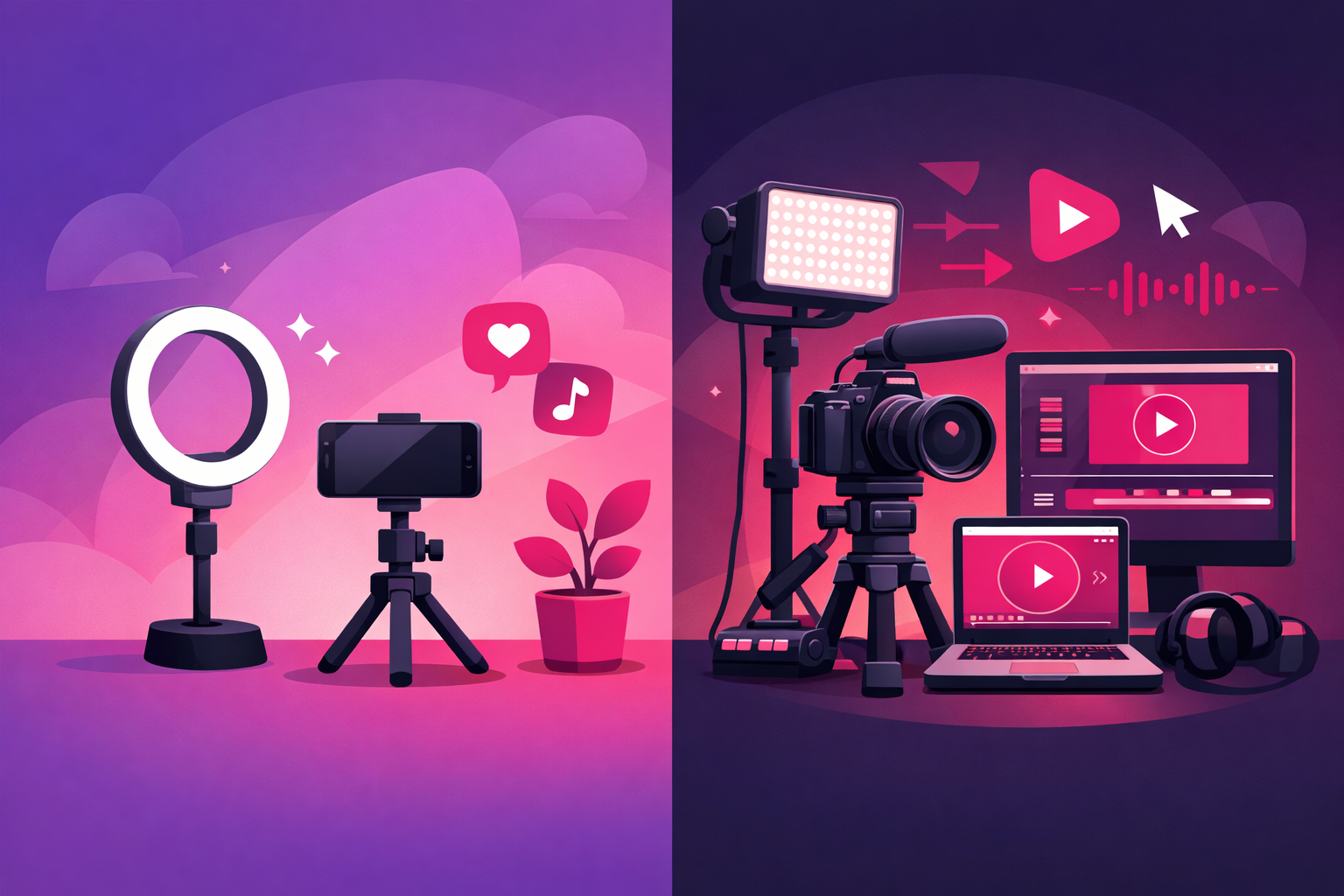 A side-by-side comparison of a minimal phone-only filming setup on the left and a fuller studio setup on the right with a DSLR, screen, and additional lighting