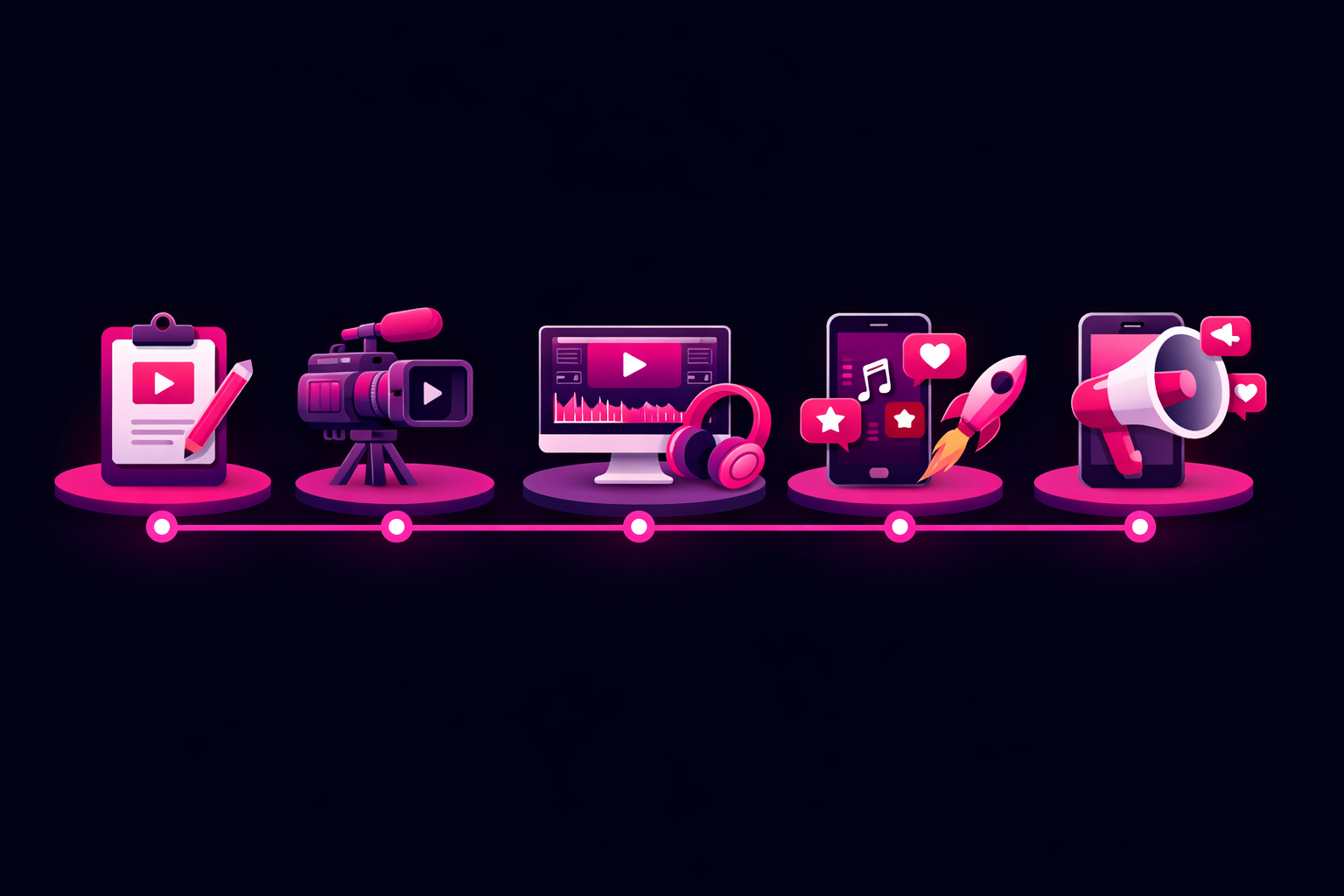 A flat illustration timeline showing the five stages of tech video production from script to publish, with small icons representing each step