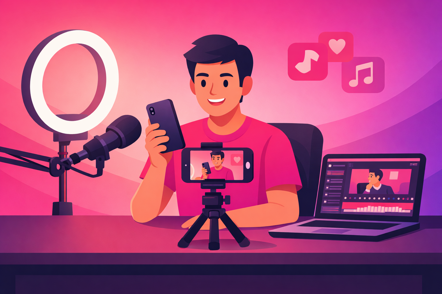 A warm flat illustration of a tech creator filming a smartphone review at a desk with a ring light, boom microphone, smartphone on a tripod, and a laptop showing a video editor