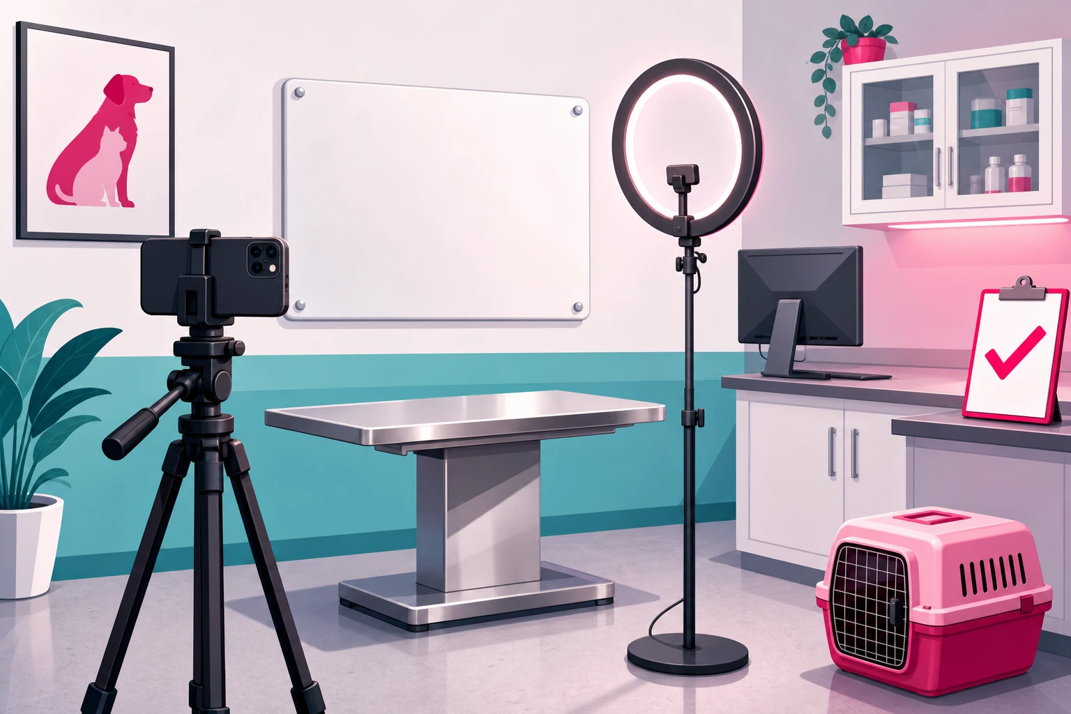 An illustration of a veterinary exam room arranged as a filming corner: a smartphone on a tripod facing an empty stainless exam table, a blank whiteboard, a monitor turned away from the camera, a ring light on a stand, a cat carrier on the floor, and a clipboard on the counter with a single pink checkmark