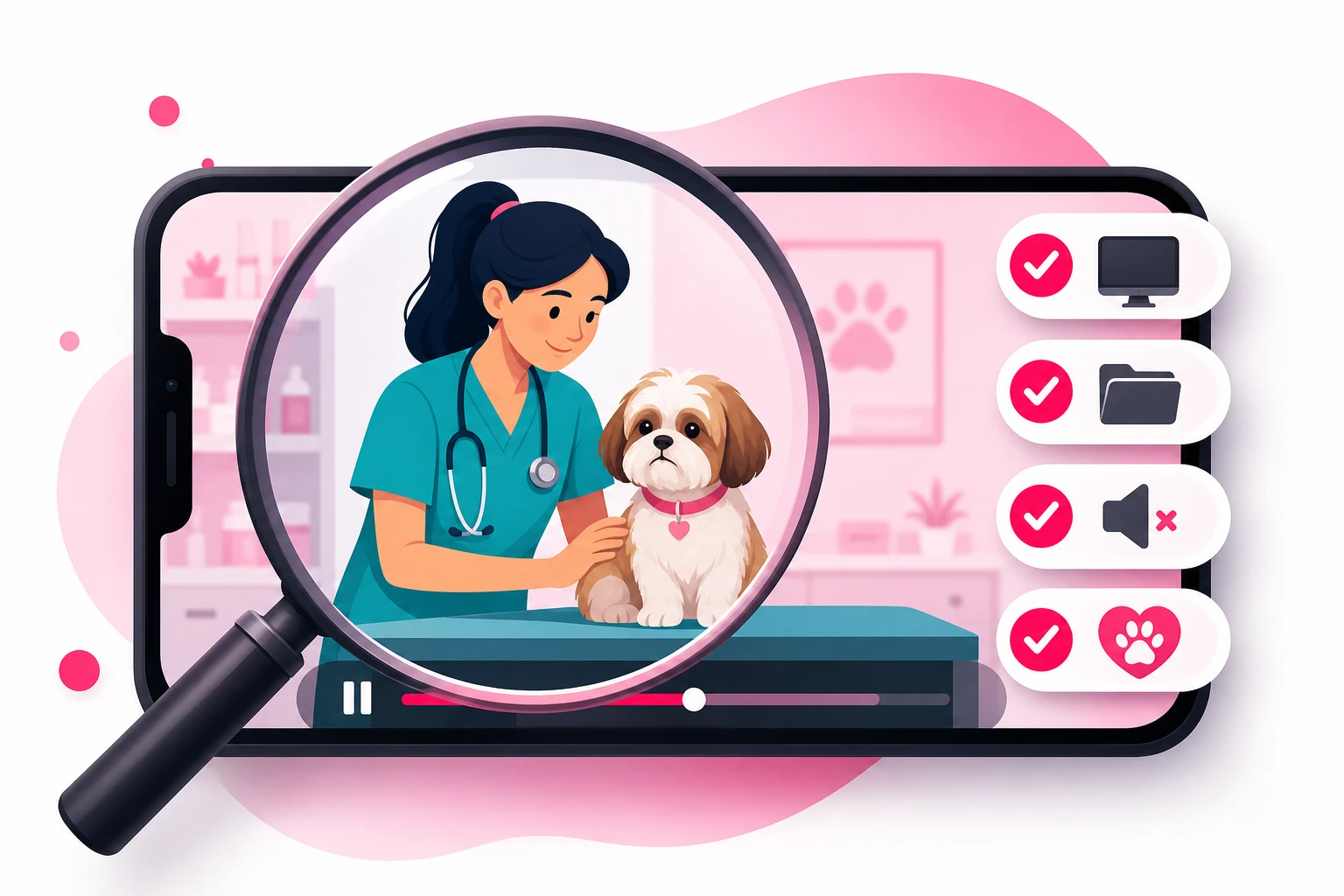 An illustration of a phone screen paused mid-video showing a veterinarian beside a small dog on an exam table, with a magnifying glass sweeping the frame and pink checkmarks beside icons of a turned-off monitor, a closed folder, a muted speaker, and a paw print in a heart