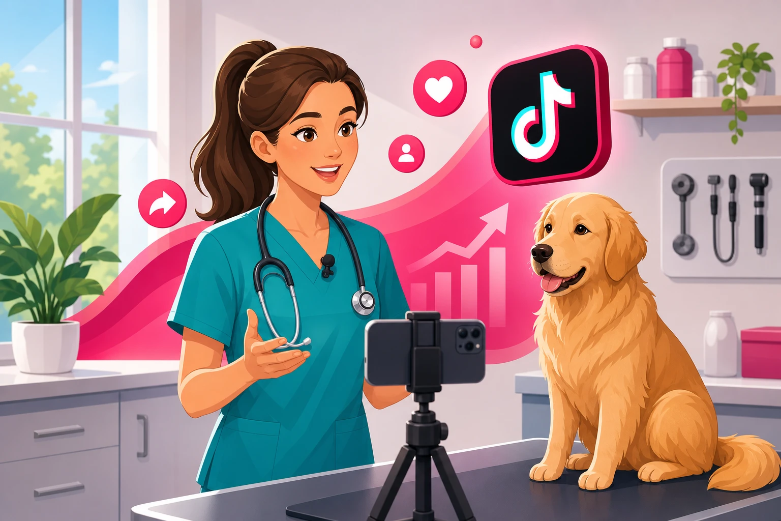 An illustration of a friendly veterinarian in teal scrubs with a stethoscope and a clip-on microphone speaking to a smartphone on a small tripod in a bright exam room, with a calm golden retriever sitting on the exam table beside her