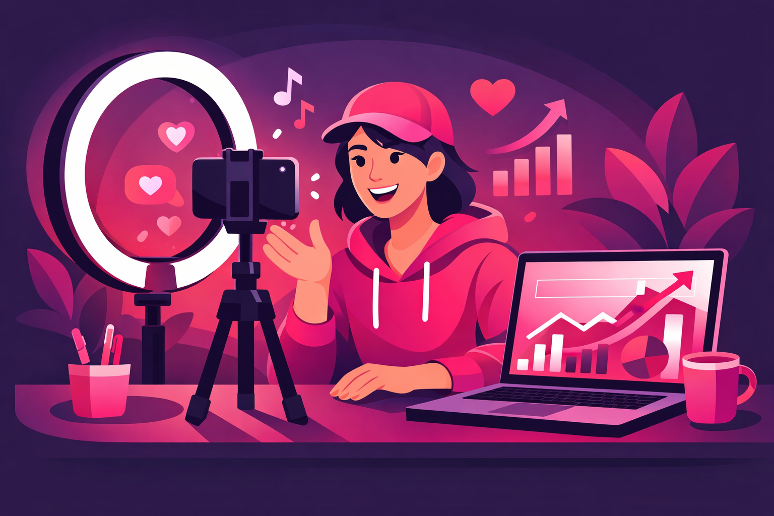 A TikTok creator filming finance content at a desk with a laptop showing financial charts, with a ring light visible