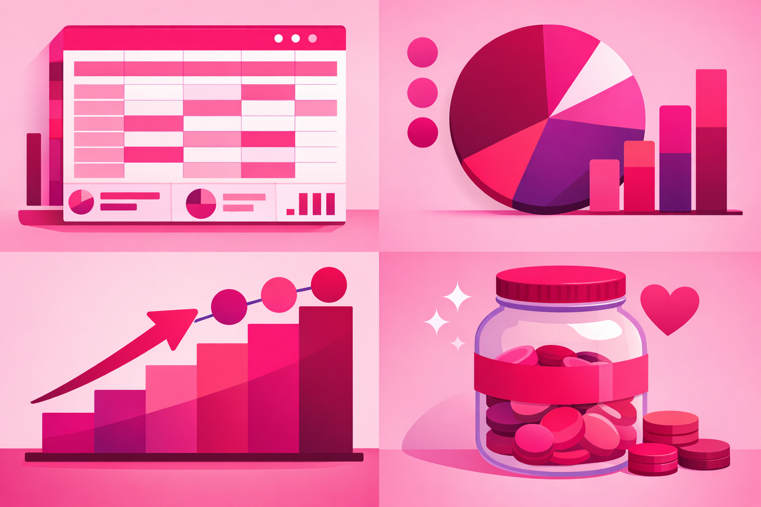 Different types of finance content formats including a budgeting spreadsheet, investment portfolio pie chart, debt payoff tracker, and savings jar