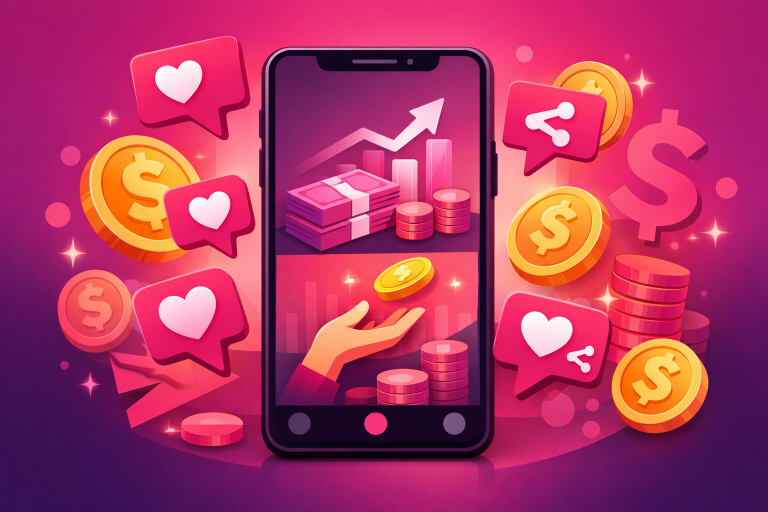A smartphone screen showing viral TikTok-style finance content with engagement metrics like hearts and shares floating around it