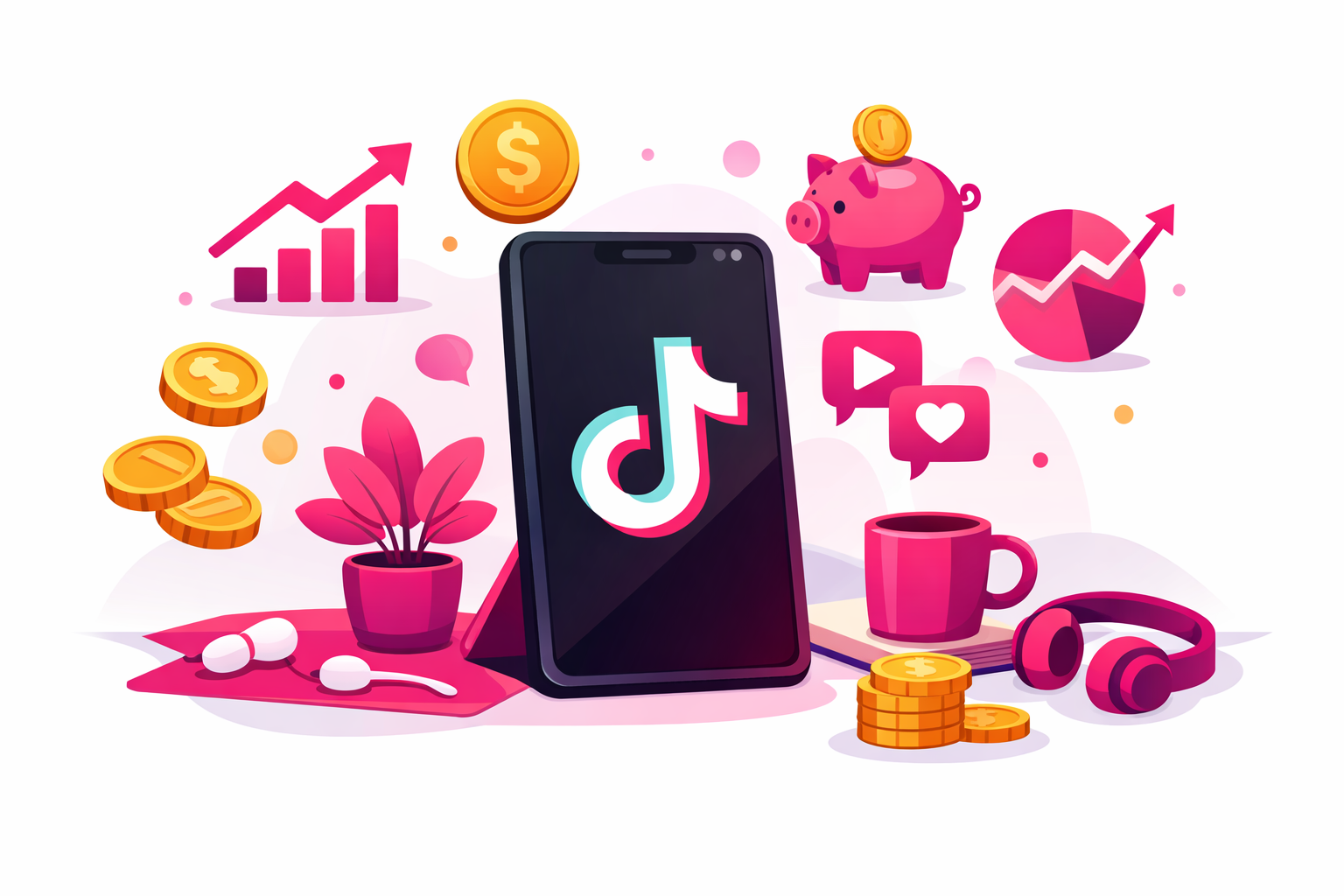 A creative workspace with a smartphone displaying TikTok surrounded by floating financial symbols including dollar signs, charts, coins, and a piggy bank