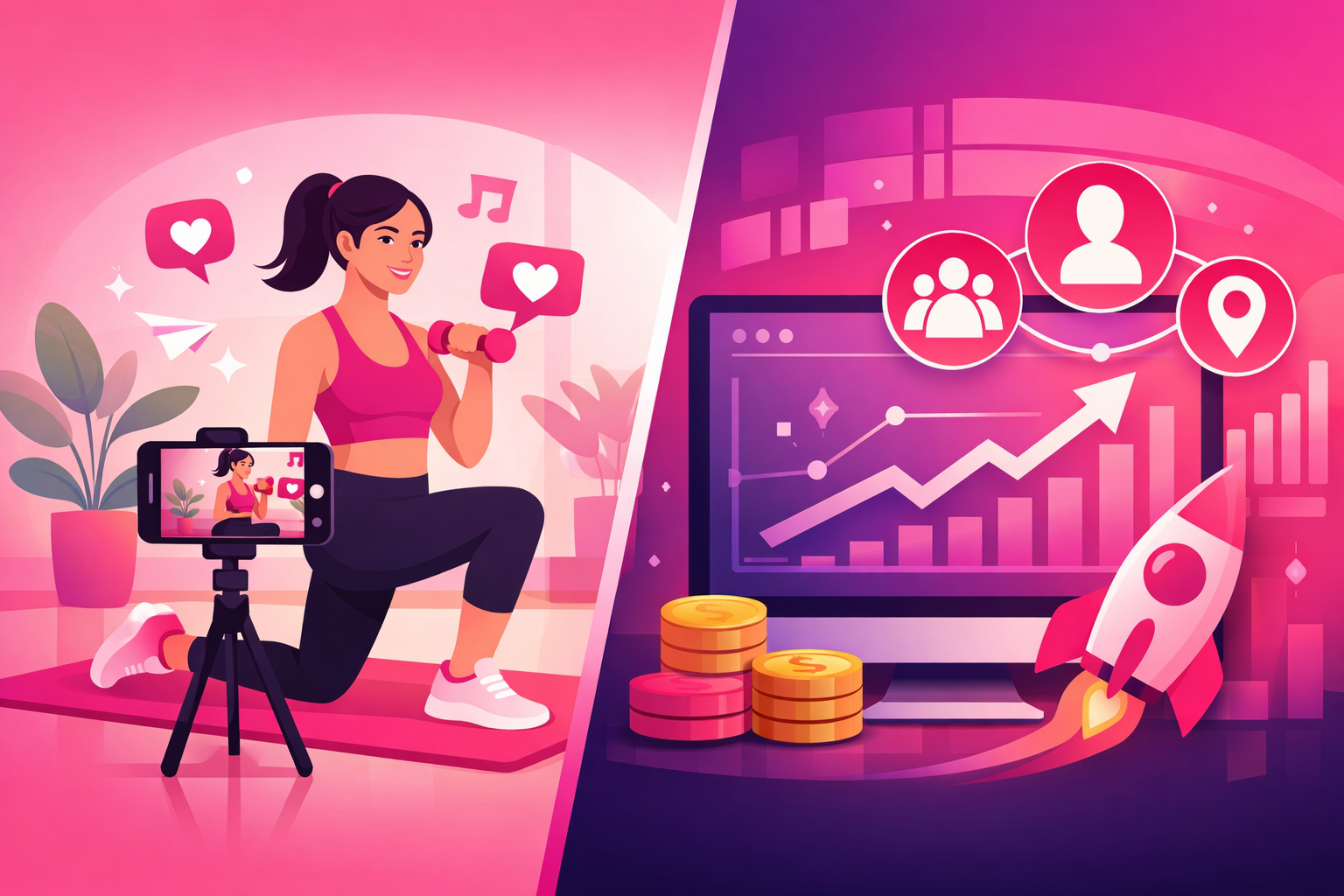 Split screen showing organic TikTok content creation transitioning to paid advertising dashboard with growth analytics