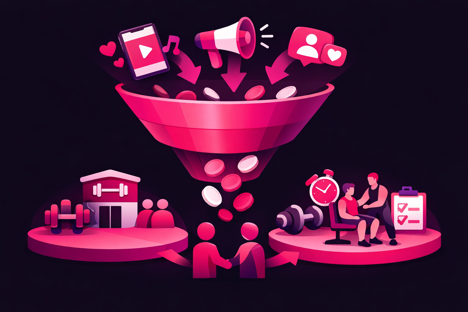Marketing funnel illustration showing fitness advertising flowing into client conversions with gym and training icons