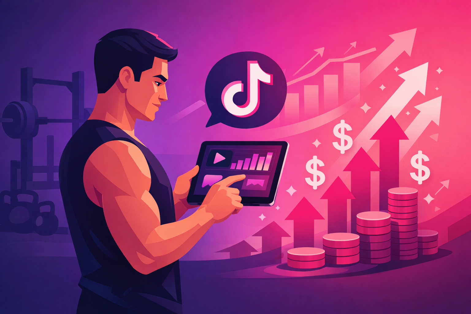 Fitness professional analyzing TikTok advertising analytics on tablet with growth charts and ROI indicators