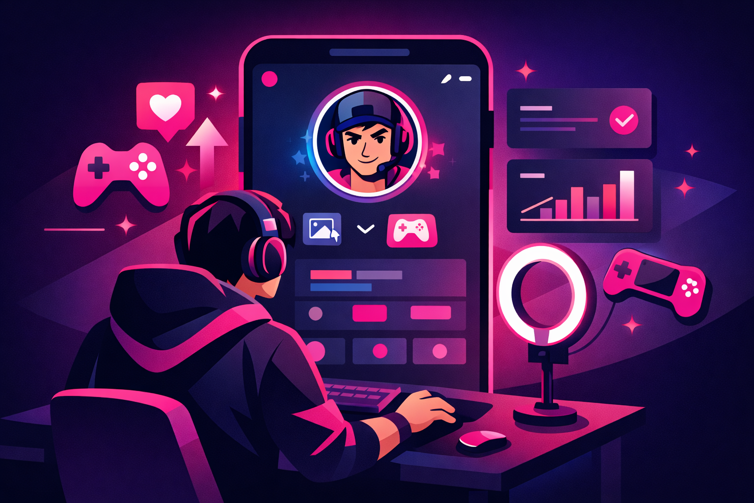 A gaming creator optimizing their TikTok profile with gaming branding elements including custom avatar, controller icons, and neon accents