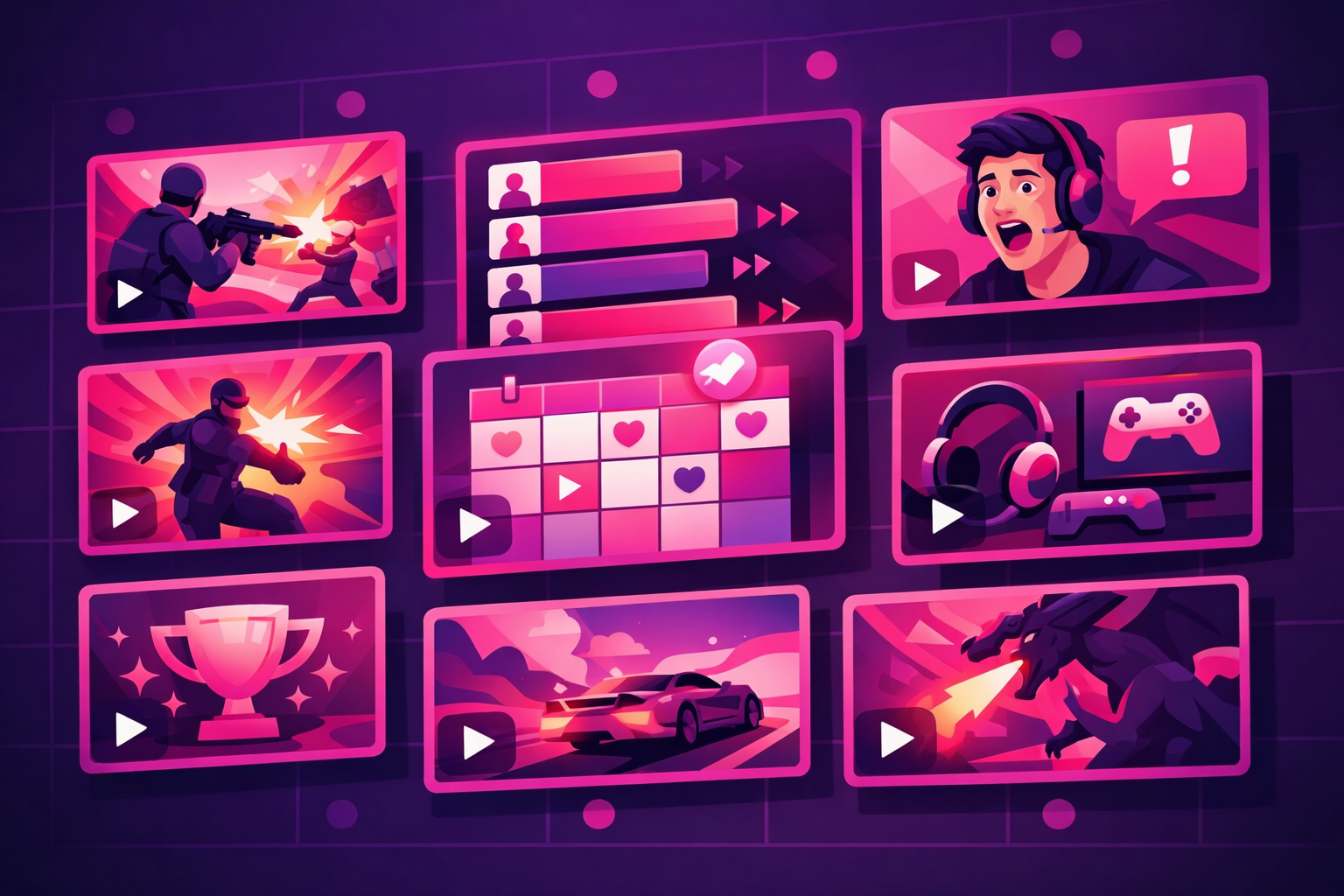 A grid of TikTok-style gaming video thumbnails showing different content formats including clutch plays, tier lists, reactions, and gameplay highlights