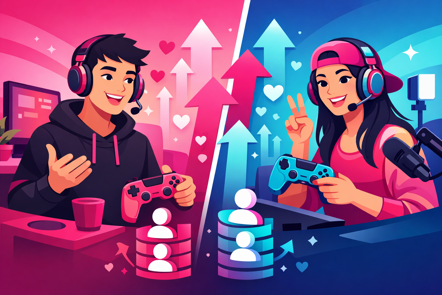 Two gaming creators collaborating in a split-screen duet with follower growth arrows and community icons representing collaboration-driven growth