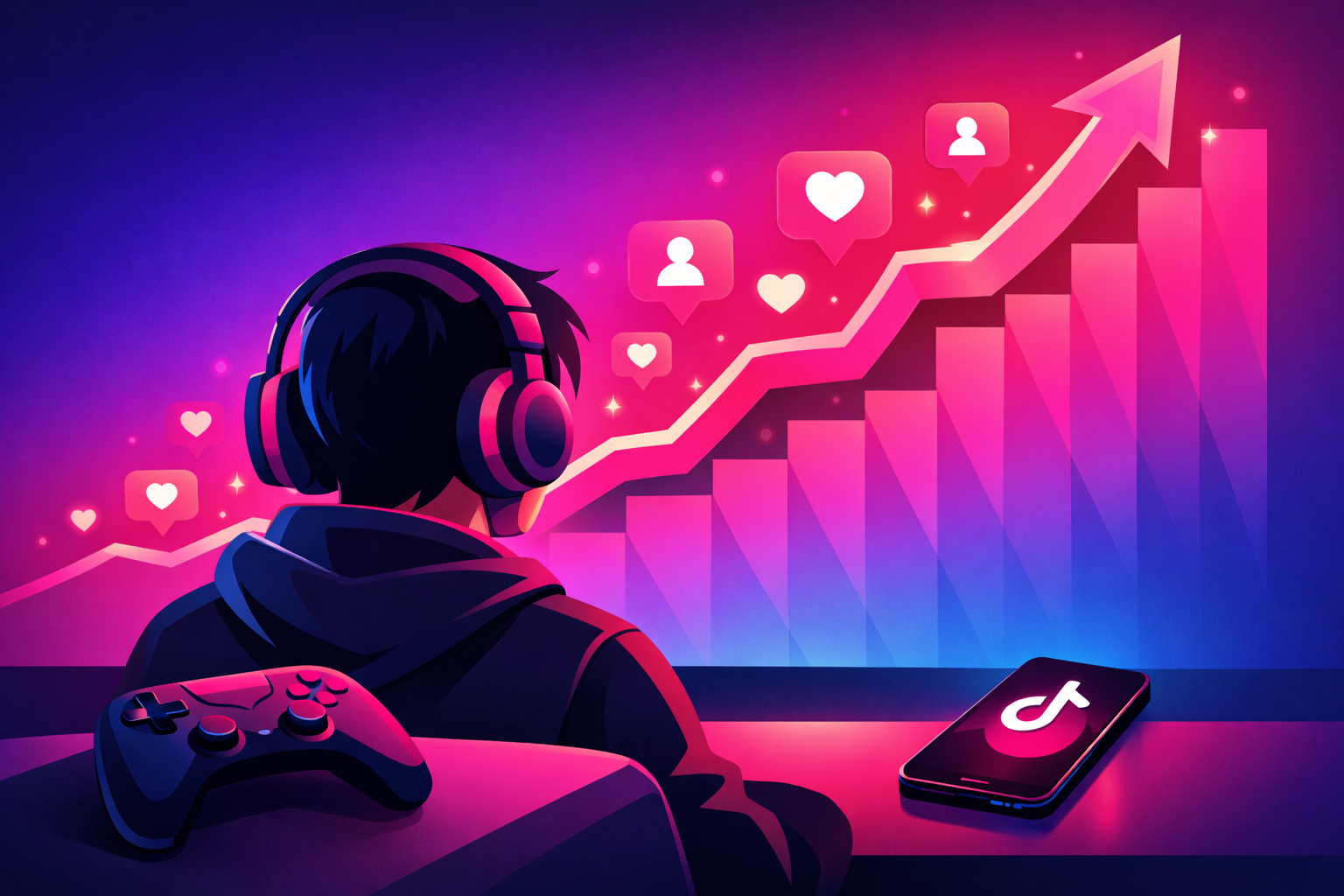 A gaming creator with headphones and controller watching their TikTok follower growth chart rise dramatically with hearts and follower icons floating upward
