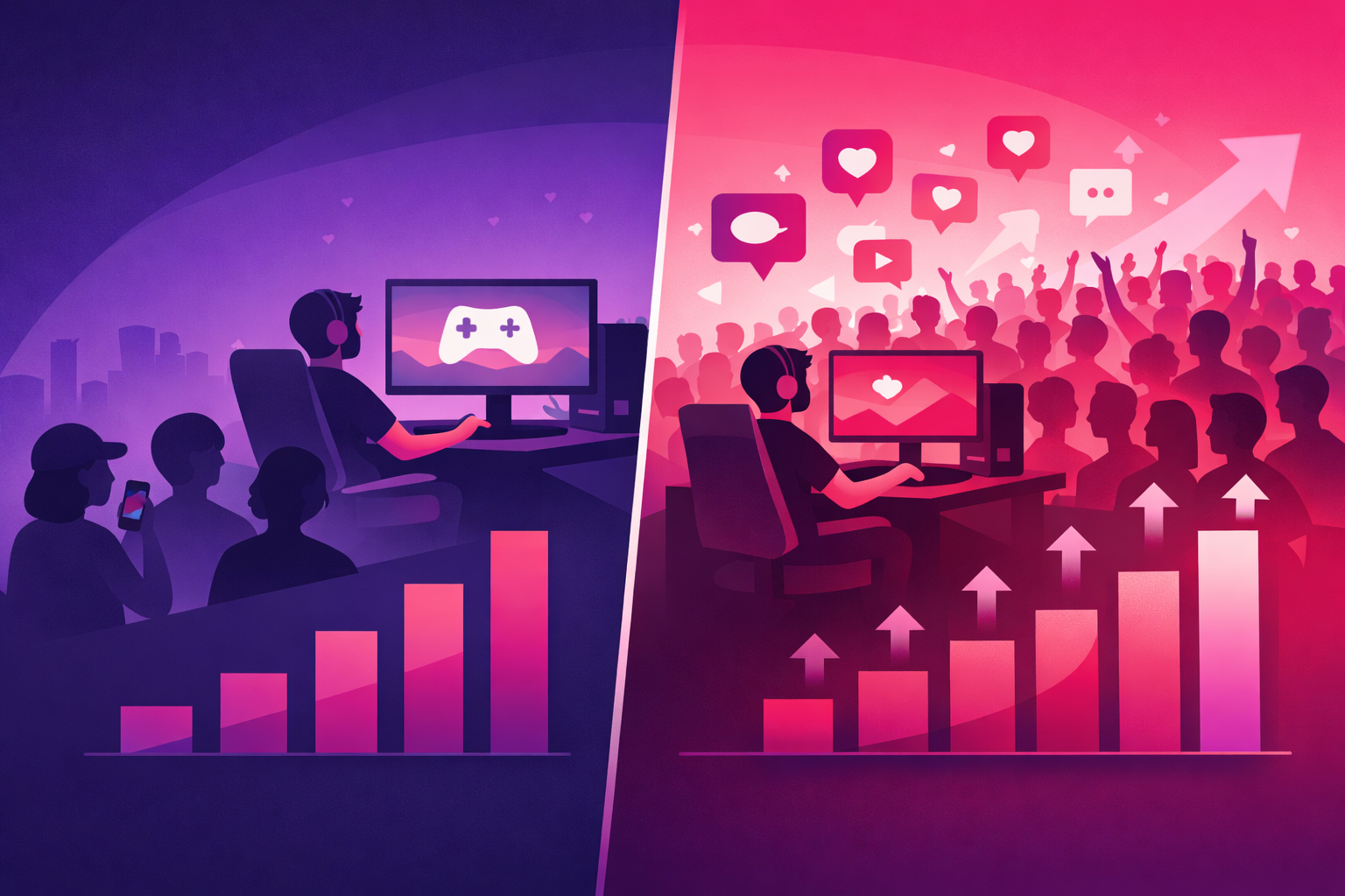 Split-screen comparison showing organic reach with a small audience on one side growing to a massive promoted audience on the other, with engagement metrics and growth charts