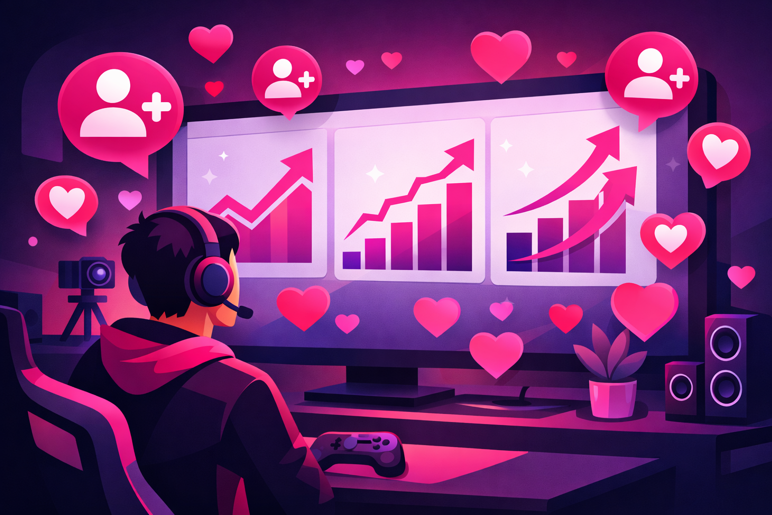A gaming creator viewing analytics on a large screen with upward trending graphs for followers, views, and engagement, surrounded by TikTok hearts and follower icons
