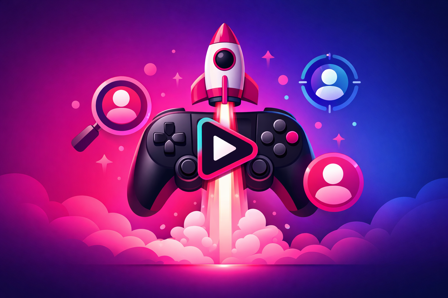 A game controller with a TikTok play button and rocket launching upward, surrounded by audience targeting icons on a magenta and blue gradient background