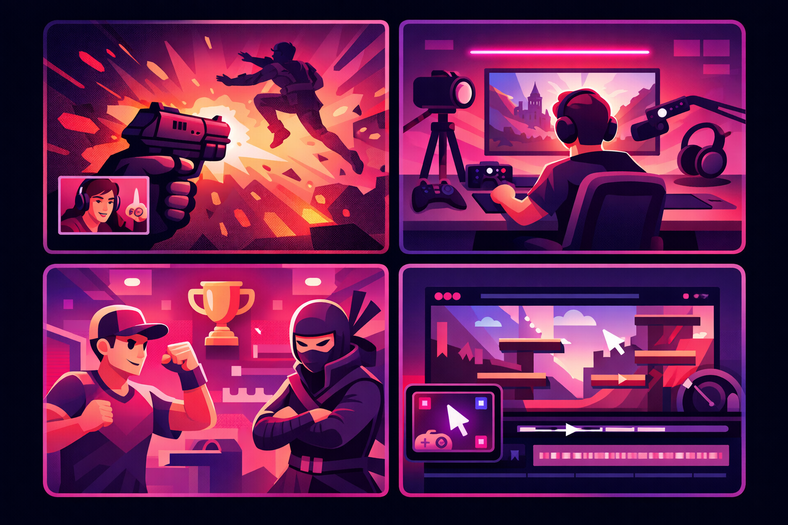 Split screen showing different gaming content formats including clutch moments, game reviews, challenge videos, and tutorial recordings