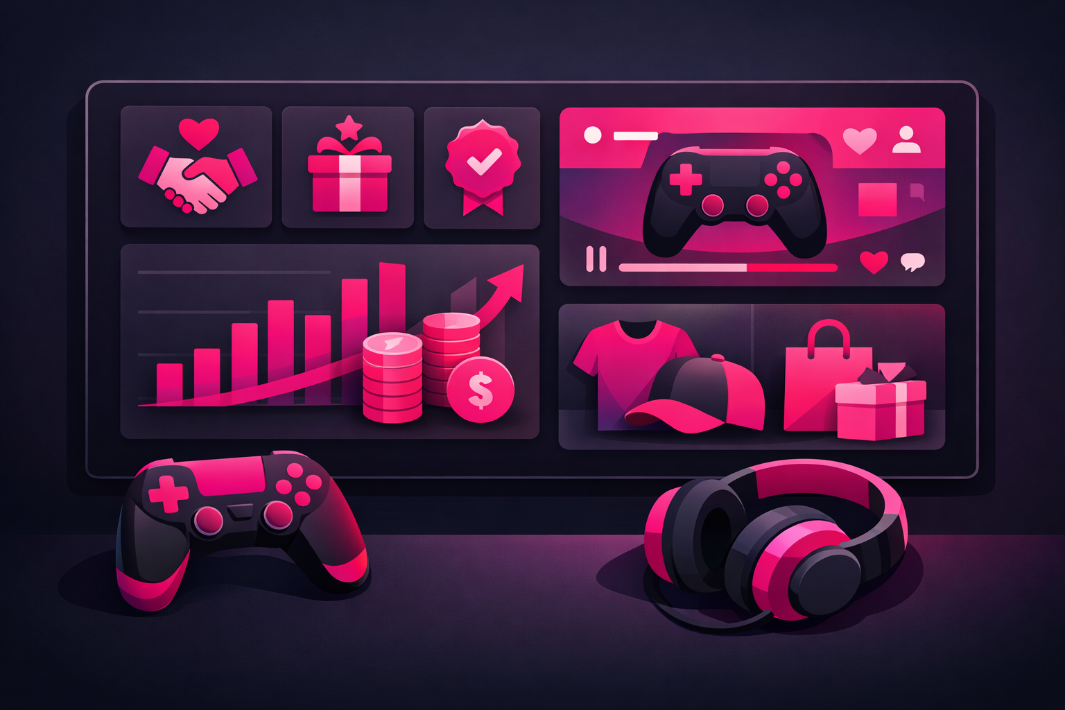 Gaming creator monetization dashboard showing brand deal icons, streaming income, and merch store elements with game controllers