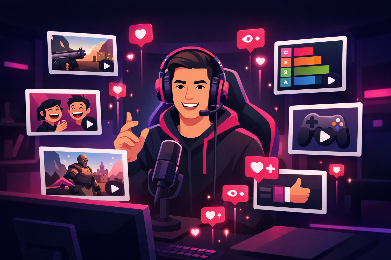 A gaming creator surrounded by floating content idea cards showing gameplay clips, tier lists, and game reviews with TikTok engagement icons