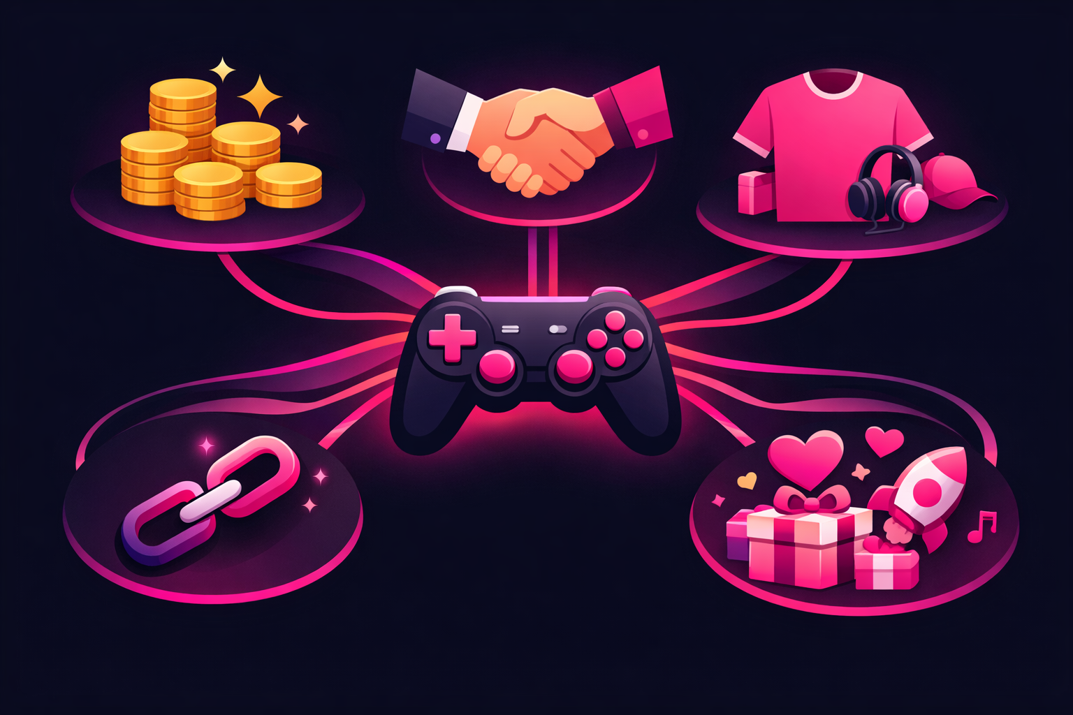 Multiple TikTok monetization streams for gamers shown as a visual grid with Creator Fund coins, brand deal handshake, merchandise, affiliate links, and live gifts connected to a central gaming controller