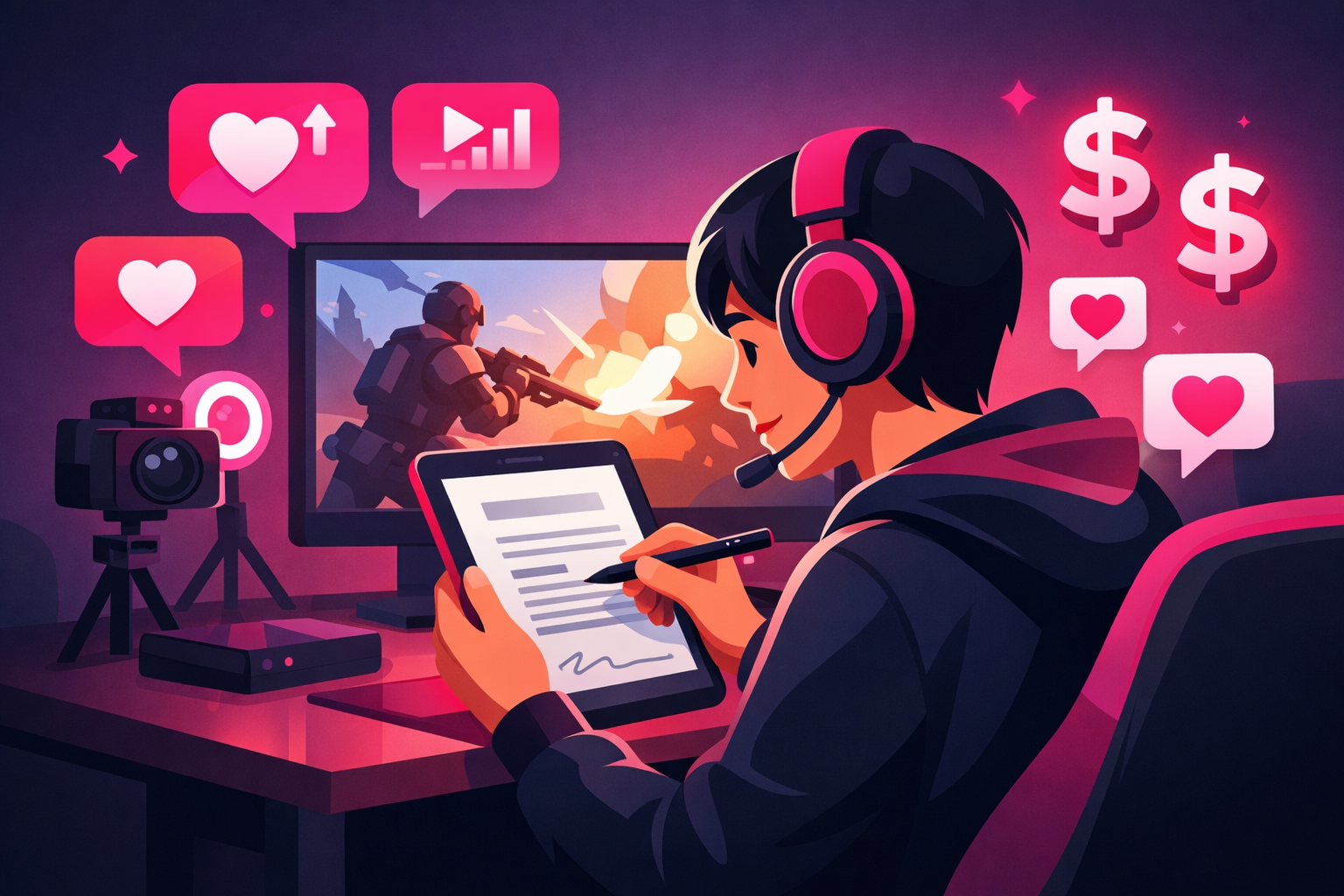 A gaming creator reviewing a brand partnership contract on a tablet while game footage plays on a monitor behind them with dollar signs and engagement metrics floating around