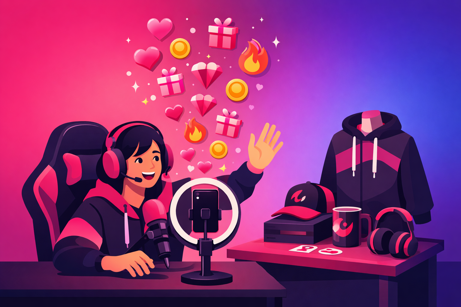 A gaming TikTok creator going live with viewer gifts and donations floating upward from the screen and branded merchandise products displayed beside them