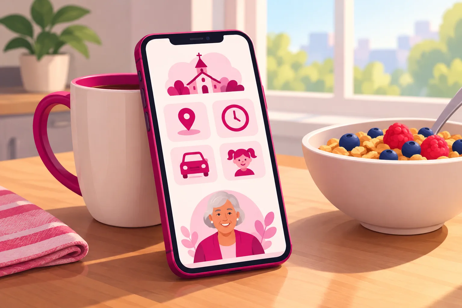An illustration of a smartphone propped against a coffee mug on a kitchen table in morning light, its screen showing a simple church plan-a-visit page laid out as icons: a map pin, a clock, a car for parking, a small child figure for kids, and a friendly older woman's portrait at the bottom, with a cereal bowl nearby