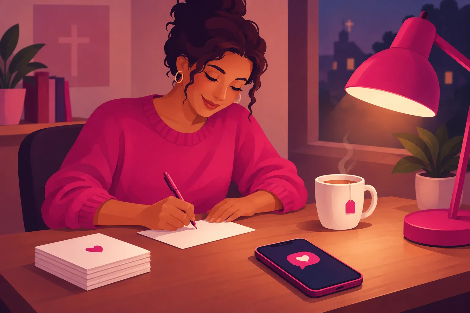 An illustration of a church volunteer at a small desk on a Monday evening writing a handwritten note card, with a short stack of paper connect cards beside her, a smartphone face-up showing a single friendly chat bubble, a mug of tea, and a warm desk lamp