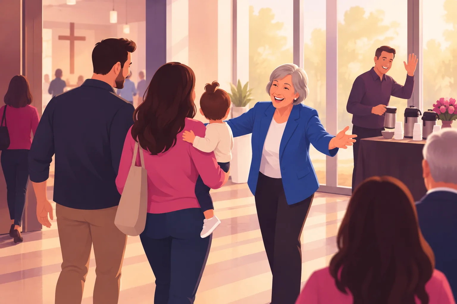 An illustration of a young couple with a toddler walking back into a church lobby on their second Sunday, greeted with open arms by the same older woman greeter in a blue jacket, while a man pouring coffee at a side table turns to wave and a few congregation members are seen from behind in soft morning light