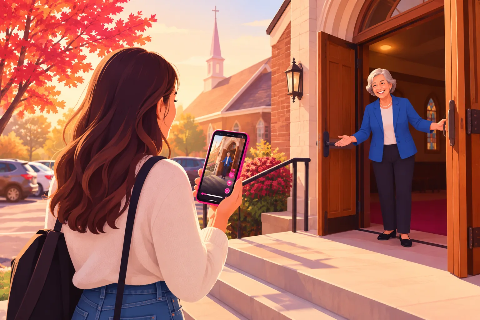 An illustration of a small-town church on a Sunday morning where an older woman greeter in a blue jacket stands smiling at the open wooden main doors while a nervous young woman in jeans pauses on the front steps holding a smartphone that shows a short video of that same doorway, with parked cars and an autumn maple tree behind her in soft golden light