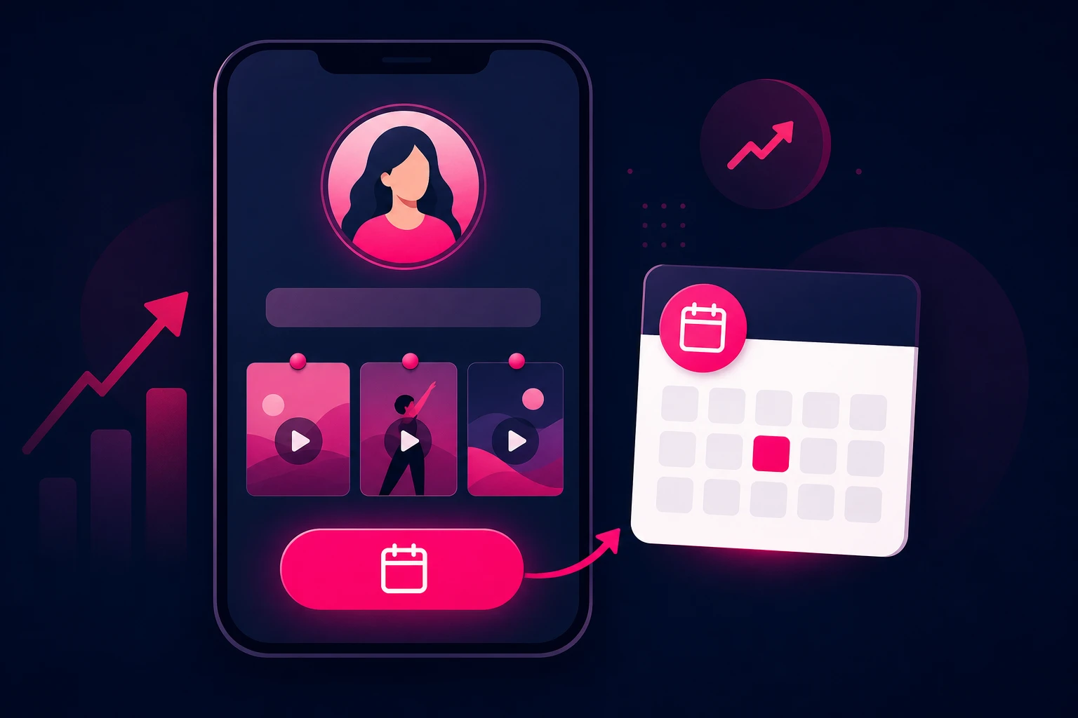 An illustration of a mobile profile screen showing an avatar, a bio bar, three pinned video thumbnails, and a single tap button connected by an arrow to a booking calendar card
