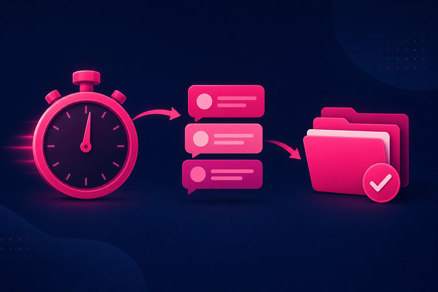 An illustration of fast client response: a stopwatch connected by a curved arrow to a stack of chat message bubbles, flowing into a neat stack of case folders with a checkmark badge