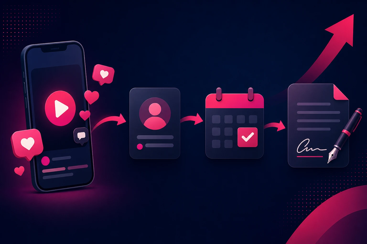 An illustration of a conversion path for a law practice: a smartphone playing a video, an arrow curving to a profile card, then to a calendar with a checkmark, ending at a signed document with a pen