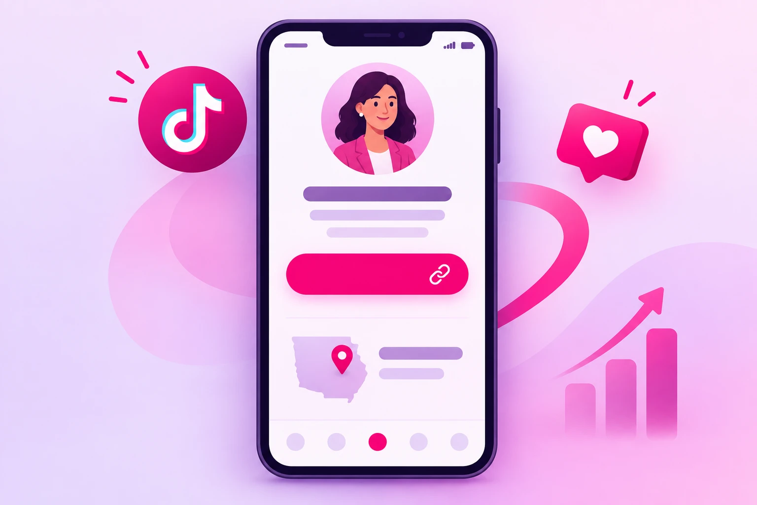 An illustration of a smartphone showing a therapist profile page with a round avatar, placeholder bio lines, one highlighted link button, and a small state map with a location pin, surrounded by a heart message bubble and a rising bar chart