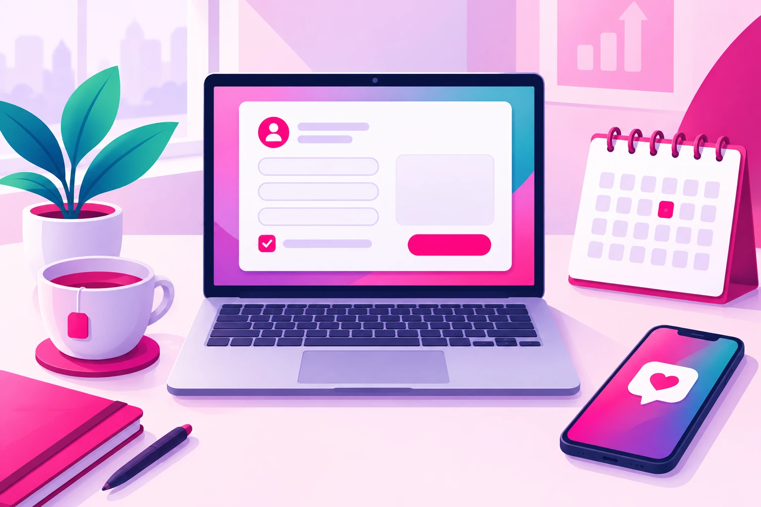 An illustration of a tidy desk with a laptop showing a short consult request form with three blank fields, one ticked checkbox and a submit button, next to a desk calendar with one highlighted day, a cup of tea, a plant, and a phone showing a heart message bubble