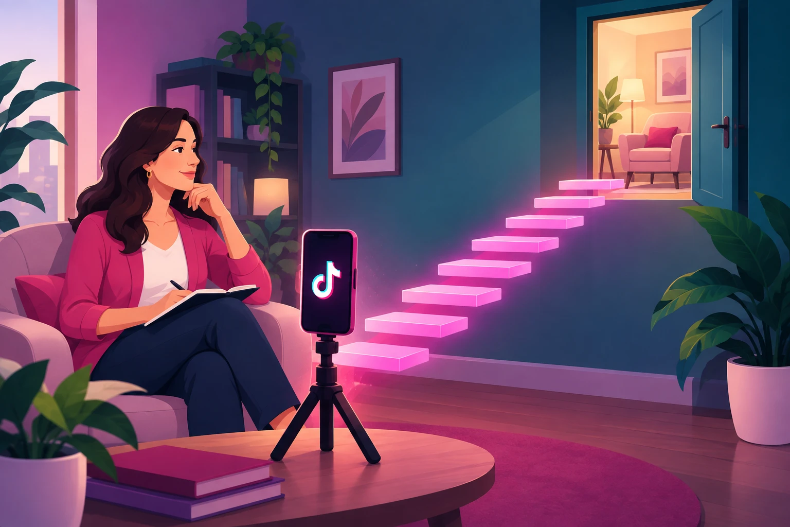 An illustration of a therapist sitting in a cozy office armchair with a notebook, beside a smartphone on a small tripod, with eight glowing pink steps rising from the phone toward an open door and a warmly lit room with an empty armchair waiting inside
