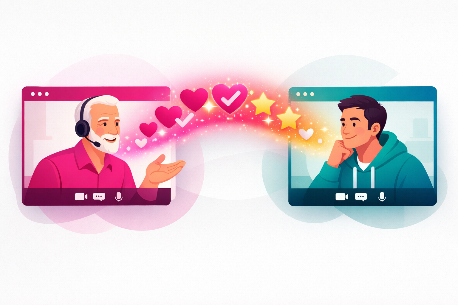 A coach and a client connected through a video call interface with trust symbols flowing between their screens, illustrating a discovery call with a pre-sold lead
