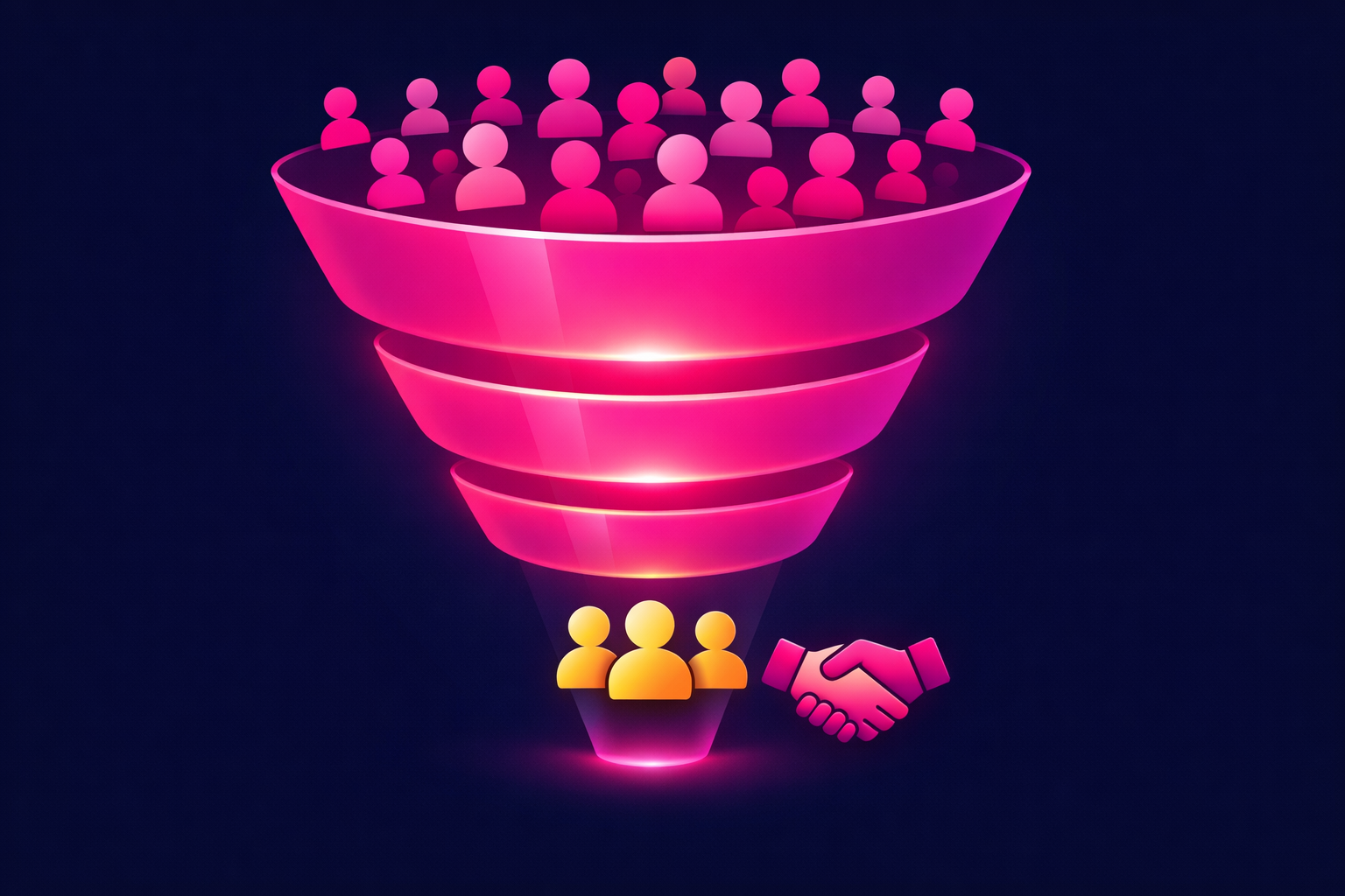 A funnel visualization showing many viewers entering at the top, narrowing through glowing filter layers, with a few ideal clients emerging at the bottom beside a handshake