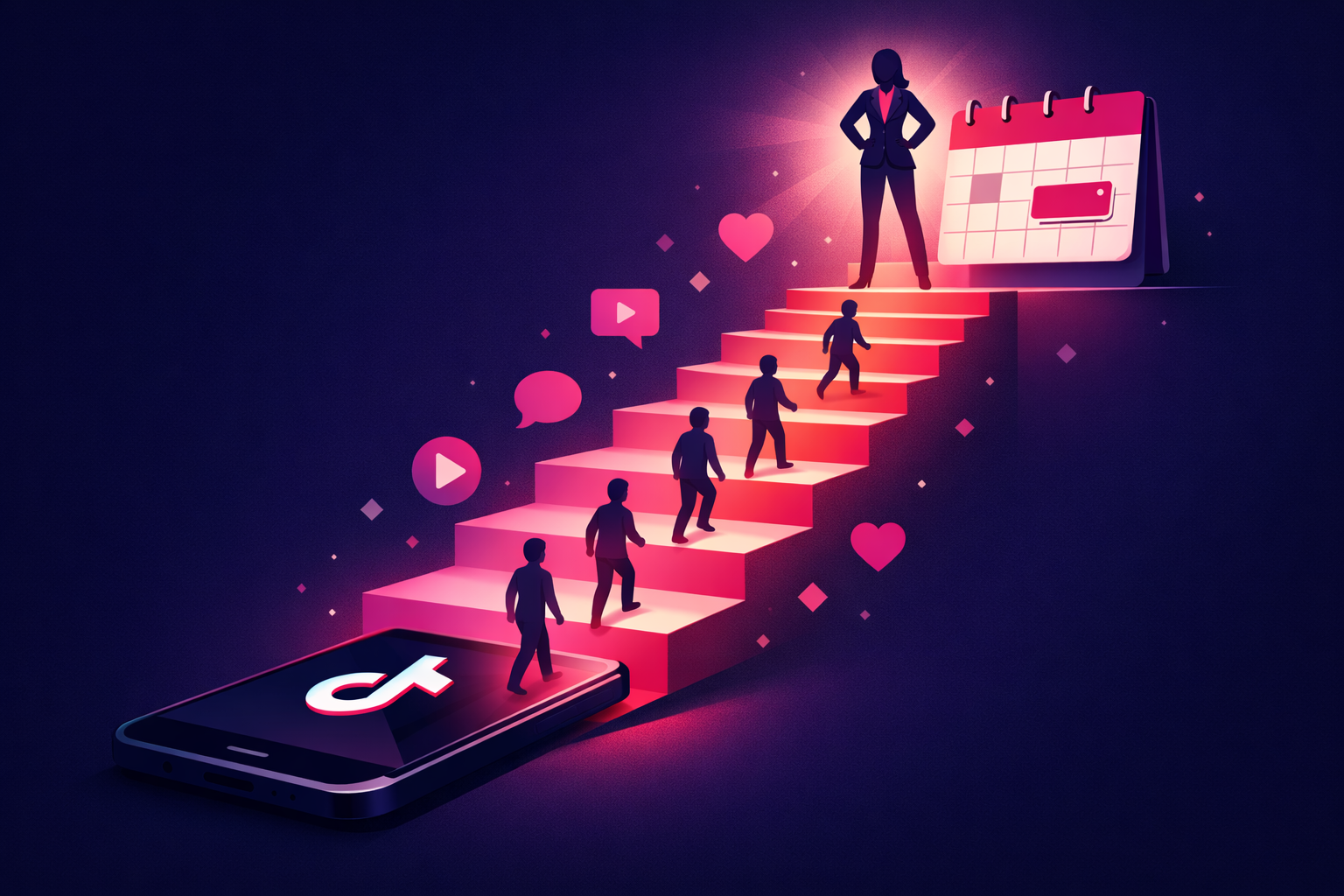 A coach at the top of an ascending staircase of glowing steps as viewers climb from a smartphone toward a booked calendar slot, illustrating how to get coaching clients from TikTok