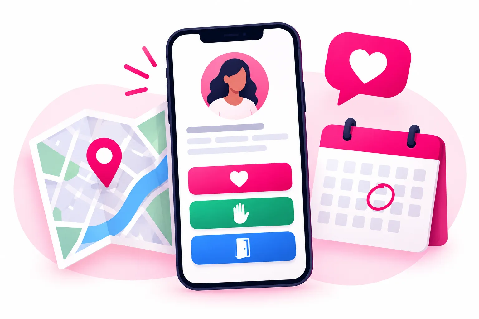 An illustration of a smartphone showing a nonprofit profile page with a round avatar, placeholder bio lines, and three stacked buttons - a pink one with a heart, a green one with a raised hand, and a blue one with an open door - beside a small city map with a location pin, a calendar with one day circled, and a heart-shaped speech bubble