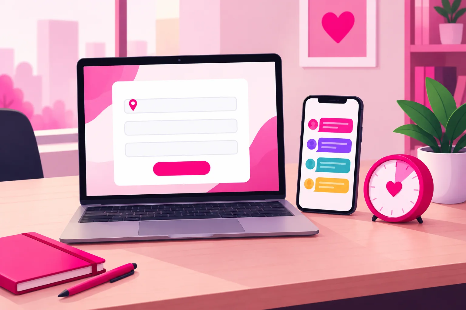 An illustration of a tidy nonprofit office desk with a laptop showing a short sign-up form with three blank fields, a small map-pin icon beside the first one, and a pink submit button, next to a phone displaying four incoming message bubbles in different colors, a small clock with a heart on its face showing a short window of time, a notebook, and a potted plant