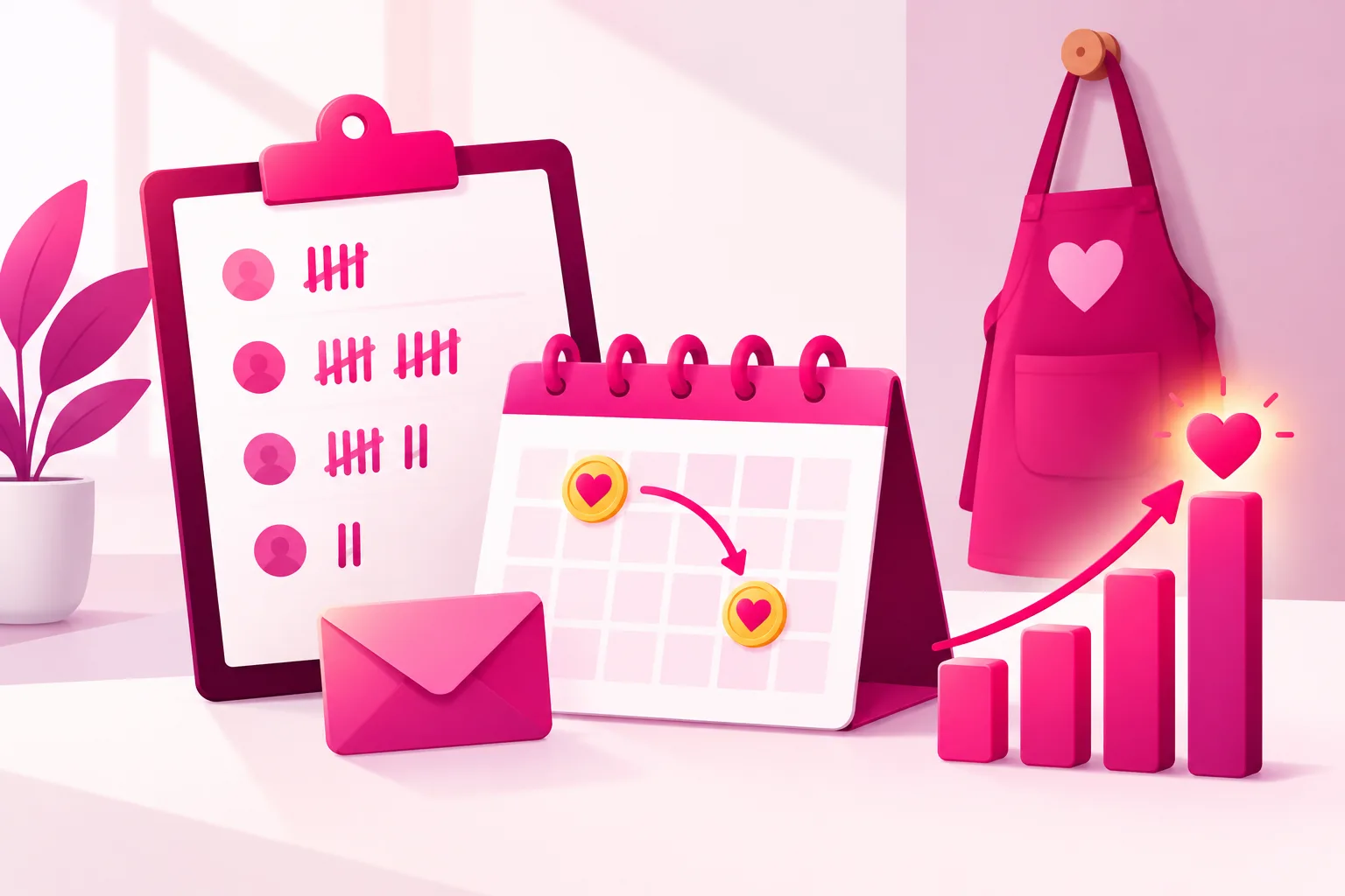 An illustration of a clipboard with a simple tally chart next to a calendar showing two highlighted days marked with heart-shaped coins connected by a curved arrow, a pink envelope, and a rising bar graph whose top bar ends in a glowing heart, with a volunteer apron hanging on a hook behind them