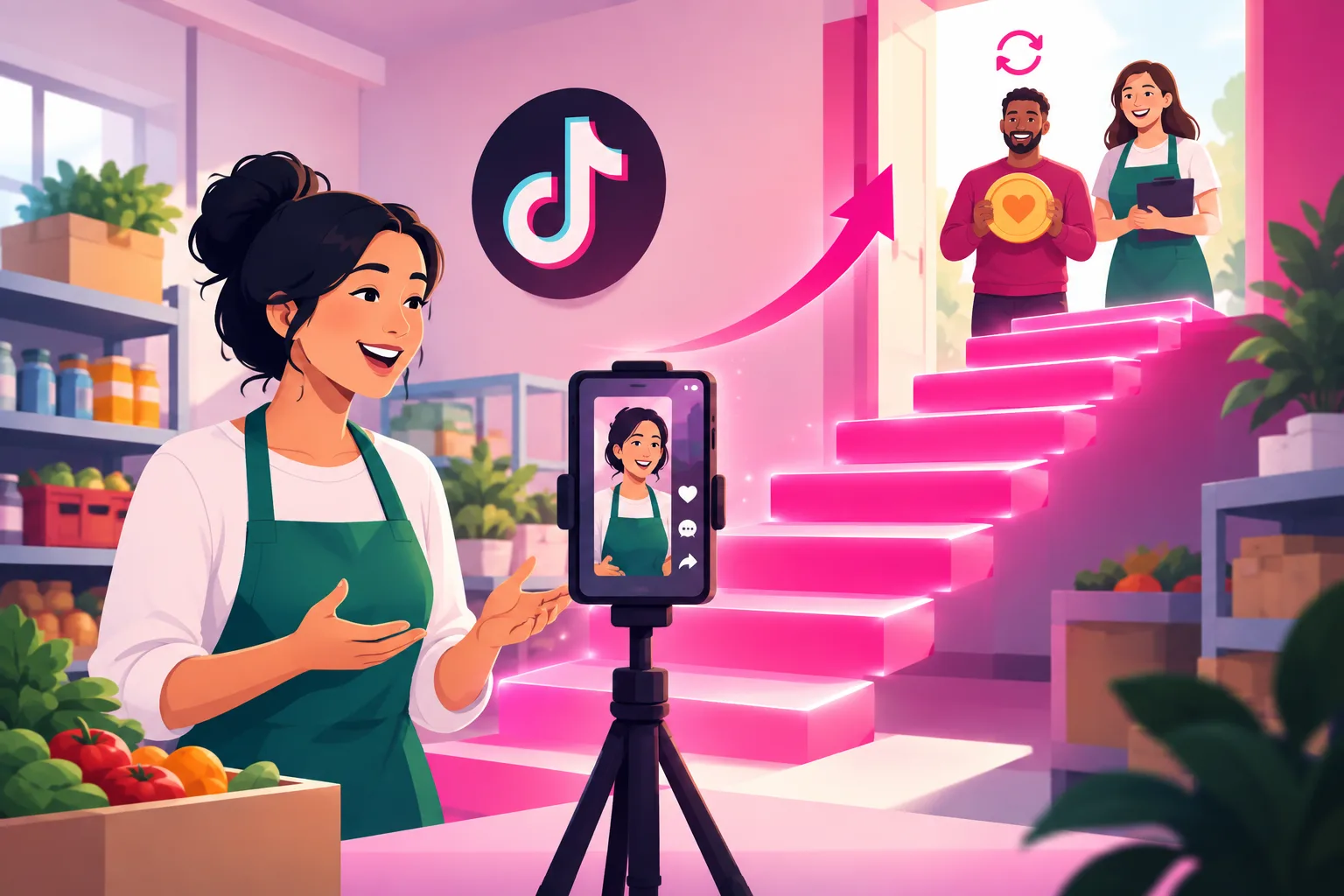 An illustration of a friendly volunteer in a green apron talking to a smartphone on a tripod inside a bright community food pantry, with a staircase of glowing pink steps rising from the phone toward an open doorway where two smiling supporters wait - one holding a heart-shaped coin under a recurring-cycle arrow, the other in a volunteer apron holding a clipboard