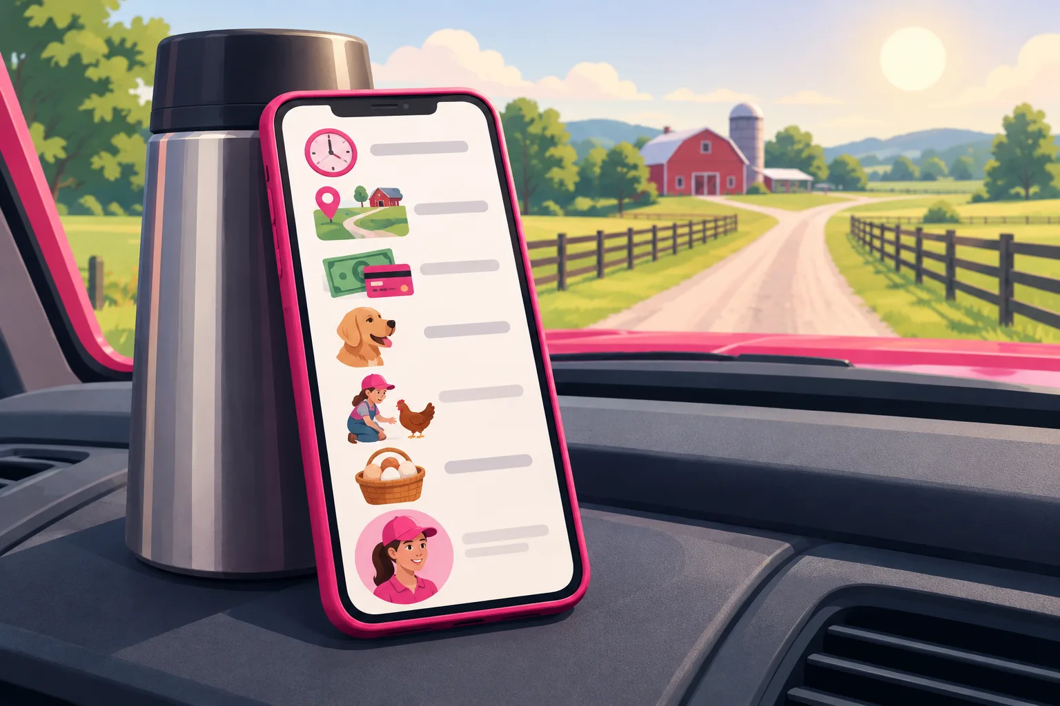 An illustration of a smartphone propped against a thermos on a pickup truck dashboard with fields through the windshield, its screen showing a farm visit page laid out as icons: a clock, a map pin with a winding driveway, cash beside a card, a dog, a child next to a hen, a basket of eggs, and a portrait of a young woman in a pink cap at the bottom