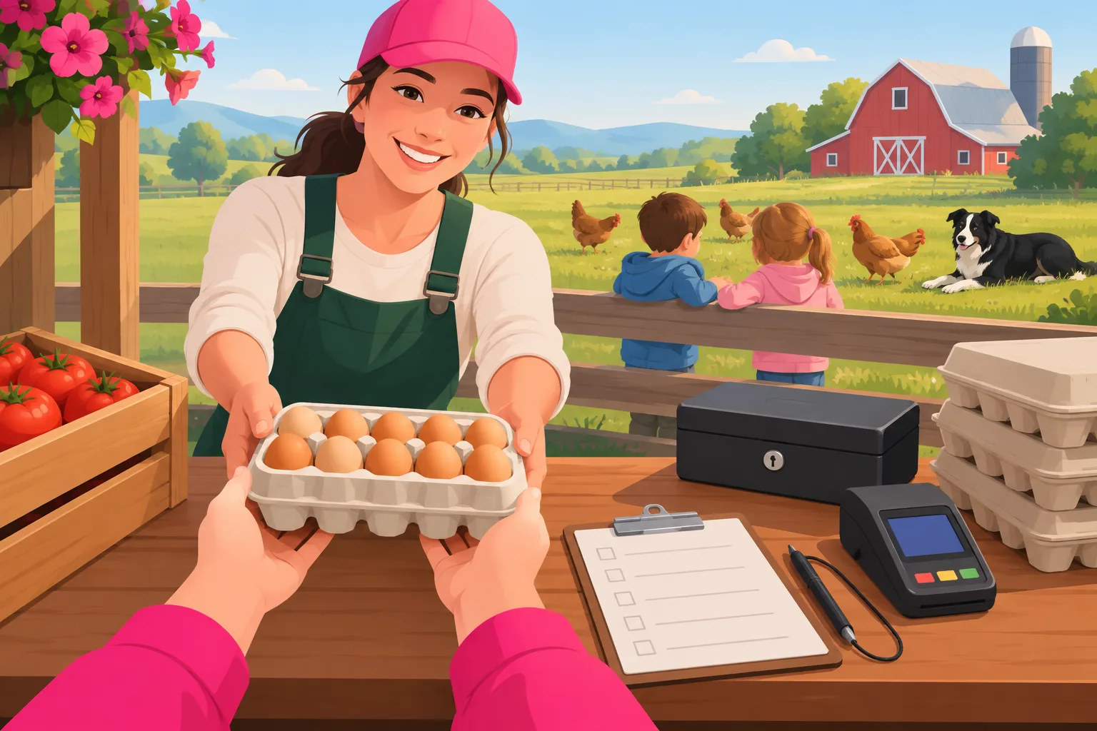 An illustration from the customer side of a farm stand table: a customer's hands receiving a carton of eggs from a smiling young farmer in a pink cap, a clipboard with a blank order sheet and empty checkboxes, a cash box and card reader, egg cartons and a crate of tomatoes, two small children watching hens from a wooden fence, a border collie lying nearby, and a red barn in the distance