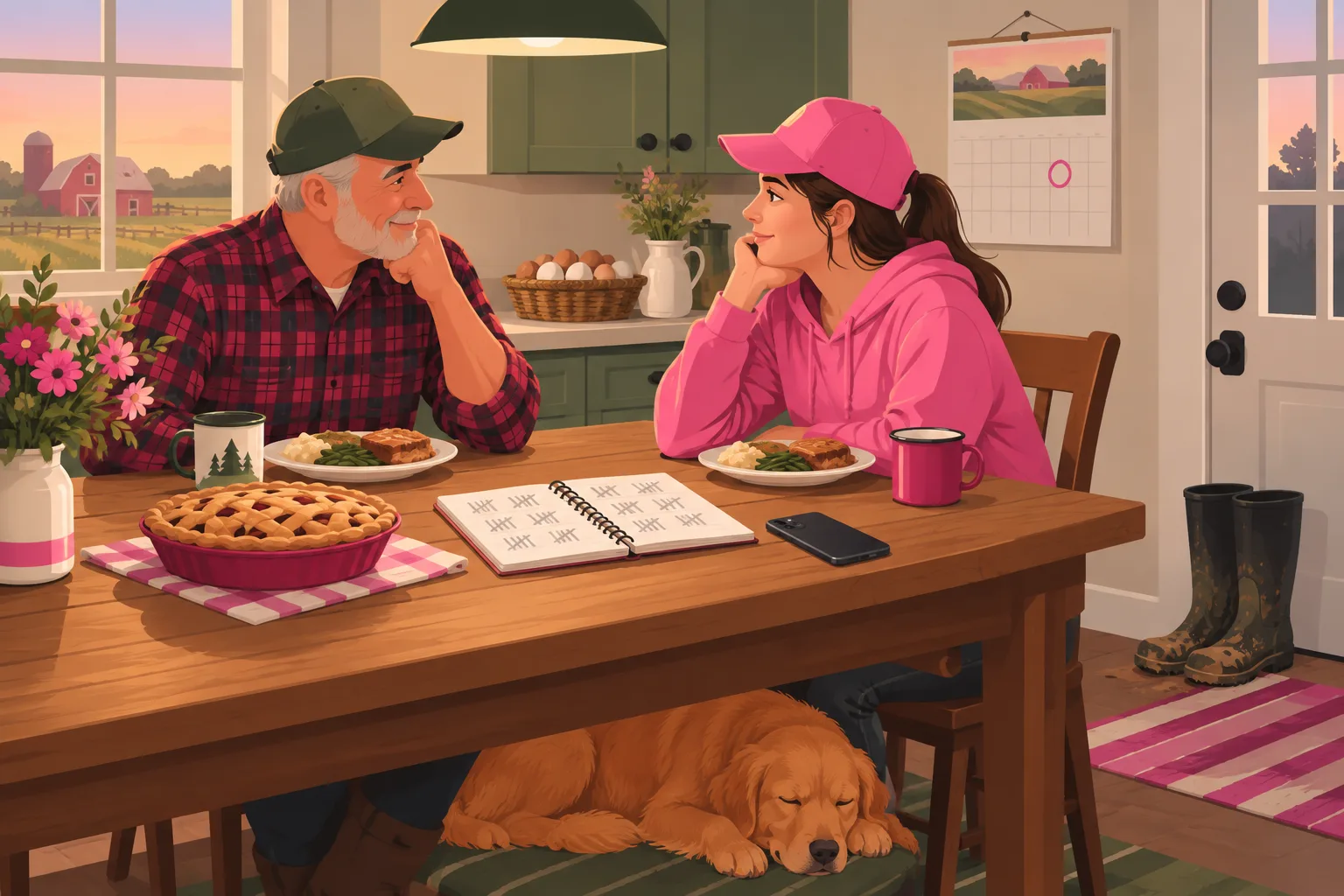 An illustration of a farmhouse kitchen at supper in evening light: an older farmer in flannel and a young woman in a pink cap across a wooden table with plates and mugs, an open spiral notebook of tally marks between them, a phone face down beside it, a wall calendar with one day circled, a golden retriever asleep under the table, muddy boots by the door, and a basket of eggs on the counter