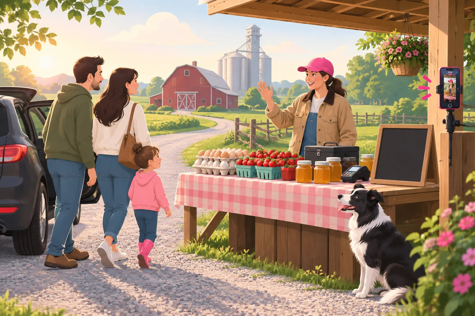 An illustration of a young farmer in a pink cap behind a Saturday roadside stand table at the end of a gravel driveway, waving over a young family stepping uncertainly out of a parked hatchback, with egg cartons, strawberry baskets, honey jars, a cash box and card reader on the table, a blank chalkboard sign, a border collie beside the table, a phone clamped to a fence post, and a red barn and grain elevator in the distance