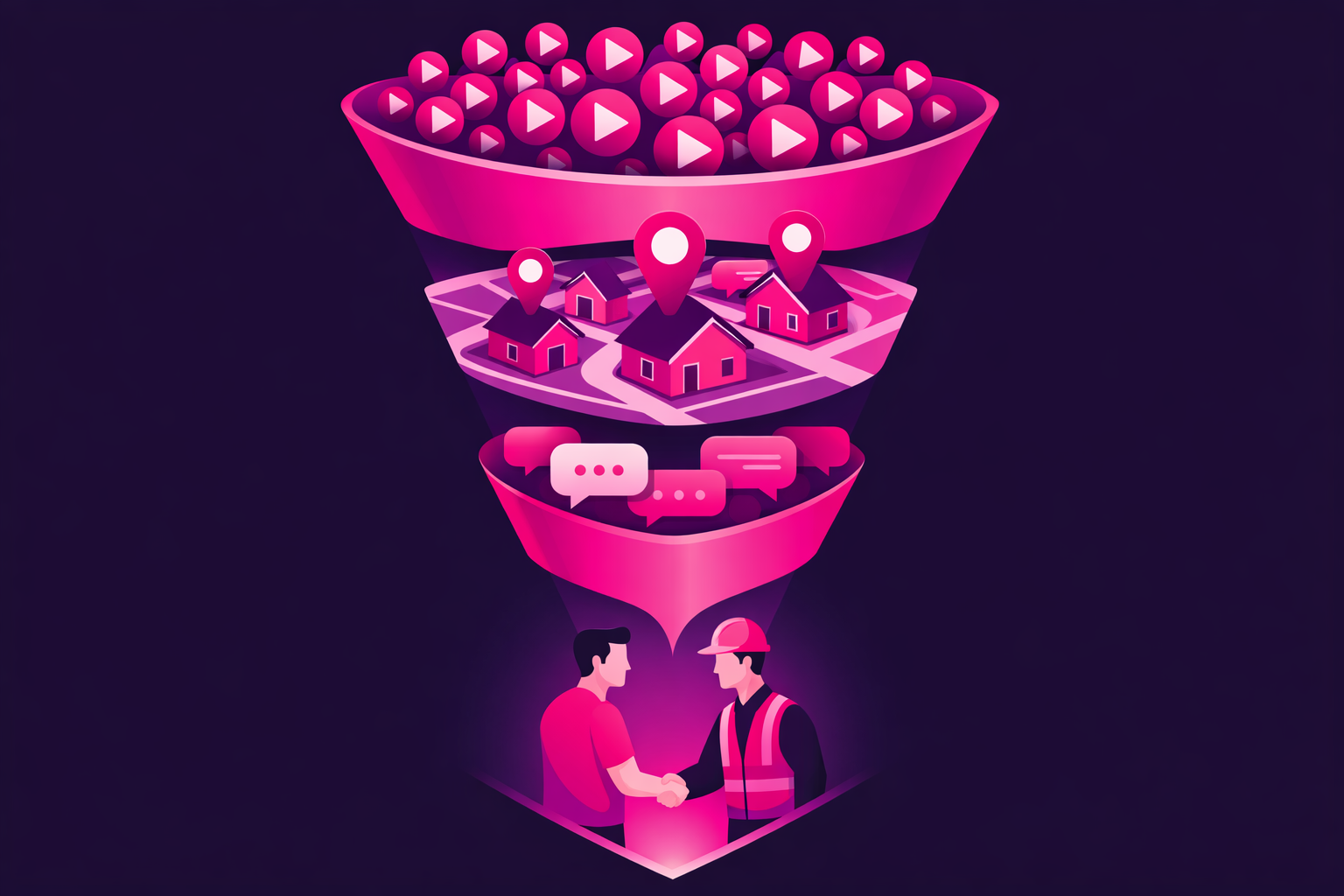A funnel visualization showing many video play buttons entering the top, narrowing through a neighborhood map with location pins, then message bubbles, ending in a handshake between a homeowner and a contractor