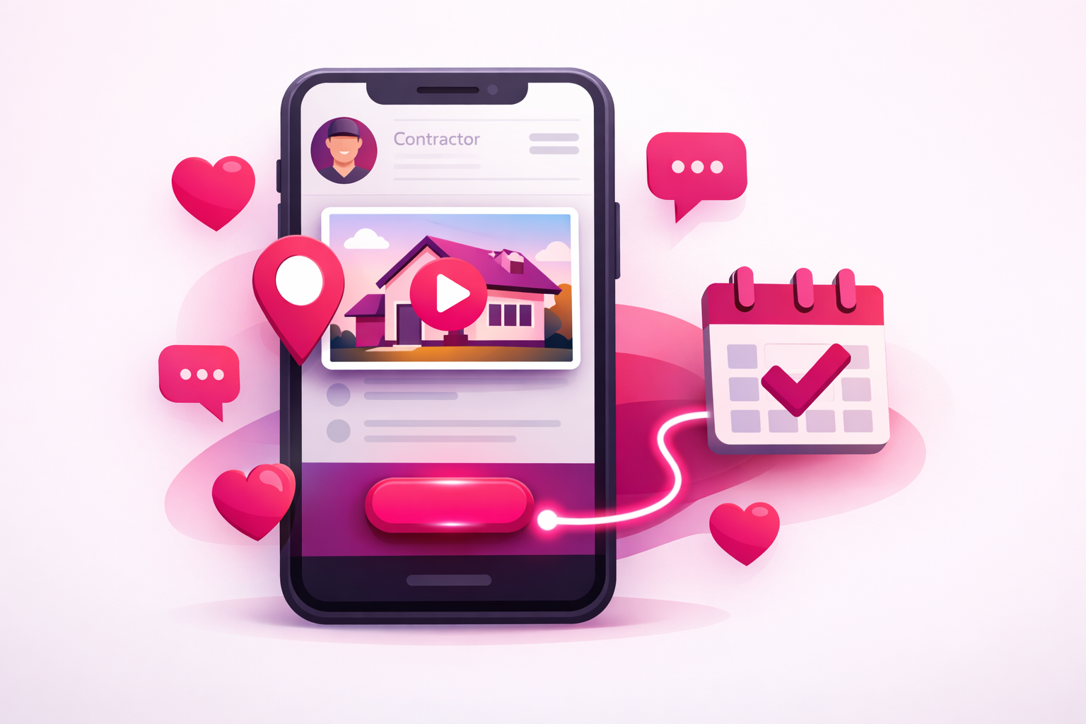 A smartphone showing a contractor profile with a pinned house video and location pin, with a glowing path from the profile button to a calendar with a booked checkmark